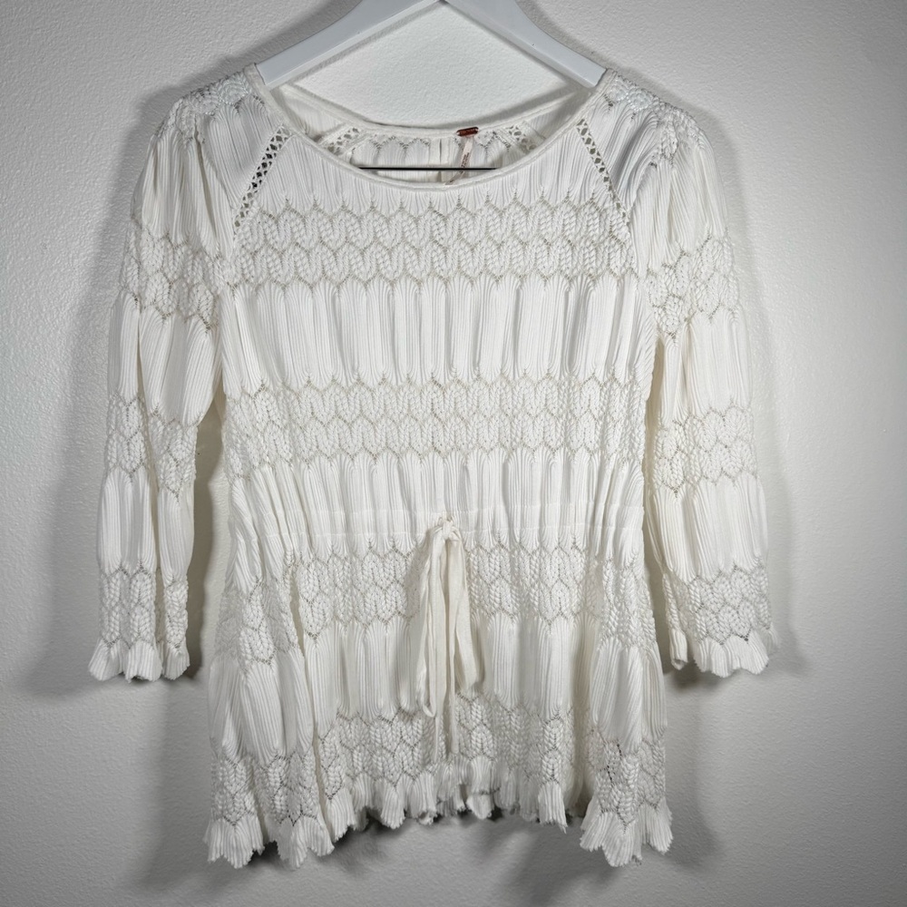 Free People White Lace Knit Tunic Top Beach Cover Up Boho Bridal Festival Medium